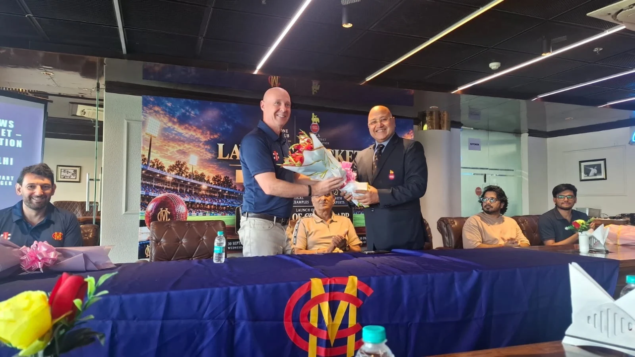 DDCA Director Shyam Sharma and MCC Head of Cricket Fraser Stewart at the MCC Laws of Cricket workshop in Delhi.