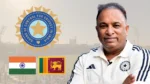 Devajit Saikia pictured alongside the BCCI logo and the national flags of India and Sri Lanka, with a cricket stadium in the background.