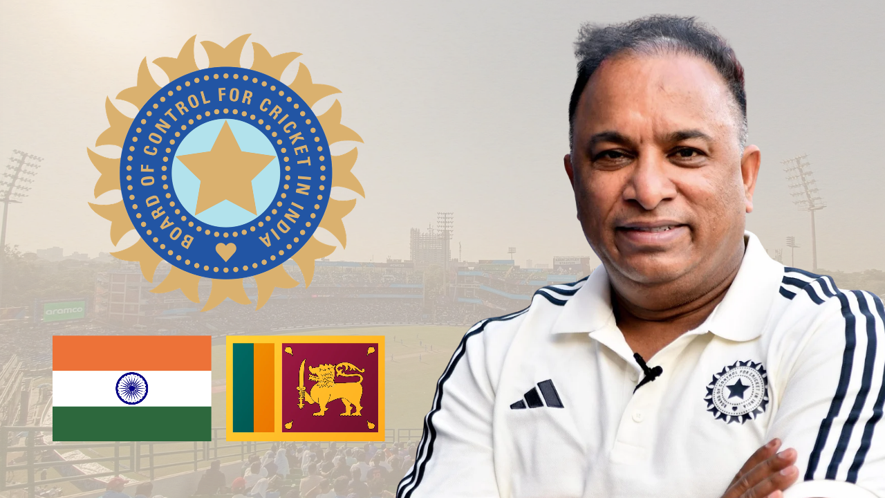 Devajit Saikia pictured alongside the BCCI logo and the national flags of India and Sri Lanka, with a cricket stadium in the background.
