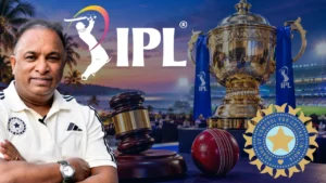 BCCI secretary Devajit Saikia pictured alongside the IPL logo, Indian Premier League trophy, auction gavel, cricket ball and BCCI logo.