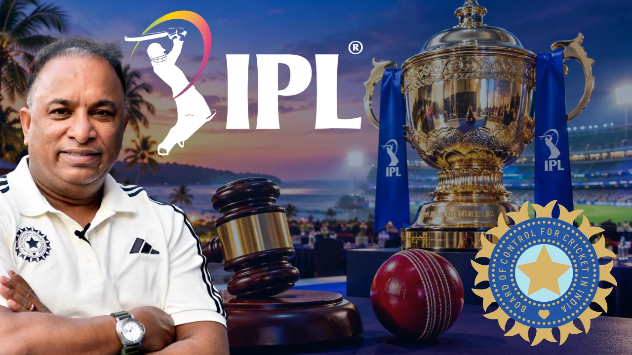 BCCI secretary Devajit Saikia pictured alongside the IPL logo, Indian Premier League trophy, auction gavel, cricket ball and BCCI logo.