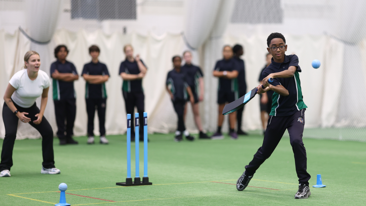 School pupil plays cricket during the ECB schools initiative launch