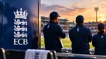 England and Wales Cricket Board (ECB) logo alongside England cricket team officials overlooking a cricket ground at sunset.
