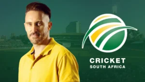 Faf du Plessis pictured alongside the Cricket South Africa (CSA) logo, with Kingsmead Cricket Ground in Durban featured in the background.
