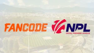 FanCode and Nepal Premier League (NPL) logos displayed side by side over an aerial view of a cricket stadium in Nepal.
