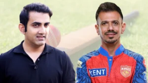 Gautam Gambhir pictured alongside Indian spinner Yuzvendra Chahal wearing a Punjab Kings (PBKS) jersey, with a cricket bat and ball in the background.