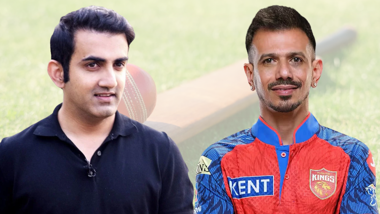 Gautam Gambhir pictured alongside Indian spinner Yuzvendra Chahal wearing a Punjab Kings (PBKS) jersey, with a cricket bat and ball in the background.