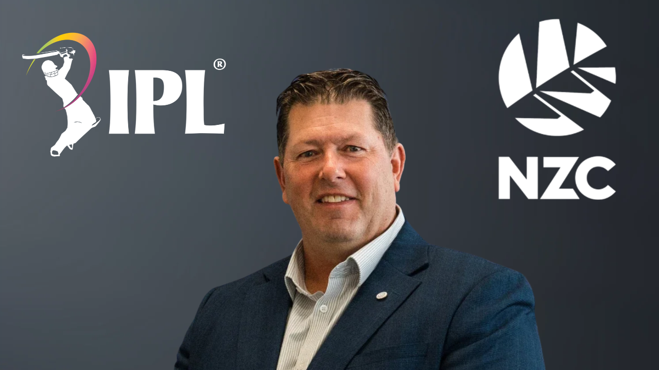 Geoff Allott, former New Zealand cricketer and cricket administrator, pictured alongside the New Zealand Cricket (NZC) and Indian Premier League (IPL) logos.