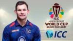 Namibia cricket captain Gerhard Erasmus wearing the national team jersey alongside the ICC Men's Cricket World Cup 2027 and International Cricket Council logos.