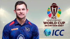 Namibia cricket captain Gerhard Erasmus wearing the national team jersey alongside the ICC Men's Cricket World Cup 2027 and International Cricket Council logos.