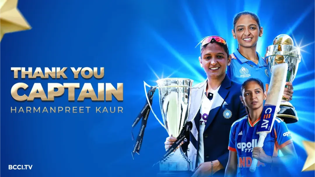 Harmanpreet Kaur pictured with major cricket trophies in a BCCI tribute to the India captain