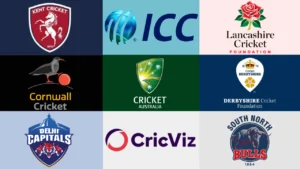 Logos of ICC, Cricket Australia, Delhi Capitals, Kent Cricket, Lancashire Cricket Foundation, Cornwall Cricket, Derbyshire Cricket Foundation, CricViz and South North Bulls displayed in a collage.