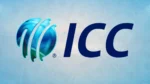 International Cricket Council (ICC) logo displayed against a light blue background featuring US dollar banknotes and a cricket stadium, representing cricket finances.