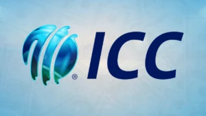 International Cricket Council (ICC) logo displayed against a light blue background featuring US dollar banknotes and a cricket stadium, representing cricket finances.