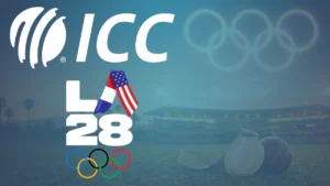 International Cricket Council (ICC) and LA28 Los Angeles 2028 Olympics logos featuring Olympic rings, cricket ball and medal against a stadium background.