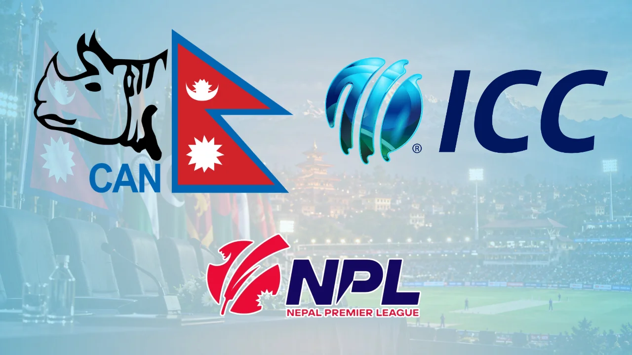 International Cricket Council (ICC) and Nepal Premier League (NPL) logos displayed over Tribhuvan University International Cricket Ground in Kirtipur, Nepal.