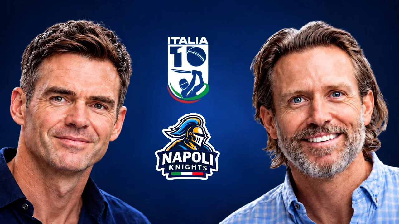 James Anderson and Luke Sutton pictured alongside the Italia T10 and Napoli Knights cricket logos on a dark blue background.