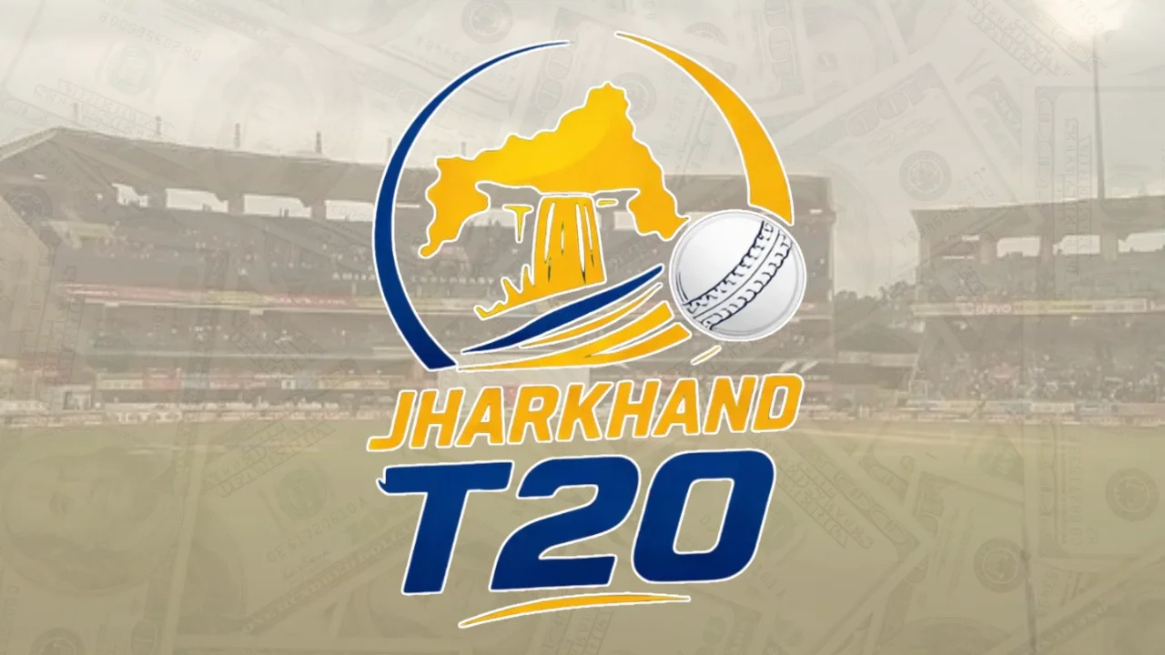 Jharkhand T20 Cricket League logo displayed over JSCA International Cricket Stadium with US dollar currency notes in the background.