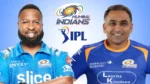 Kieron Pollard and Mahela Jayawardene wearing Mumbai Indians jerseys, alongside the Mumbai Indians and IPL logos.