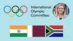 Kirsty Coventry with International Olympic Committee logo and flags of India, Qatar and South Africa