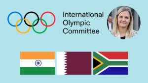 Kirsty Coventry with International Olympic Committee logo and flags of India, Qatar and South Africa