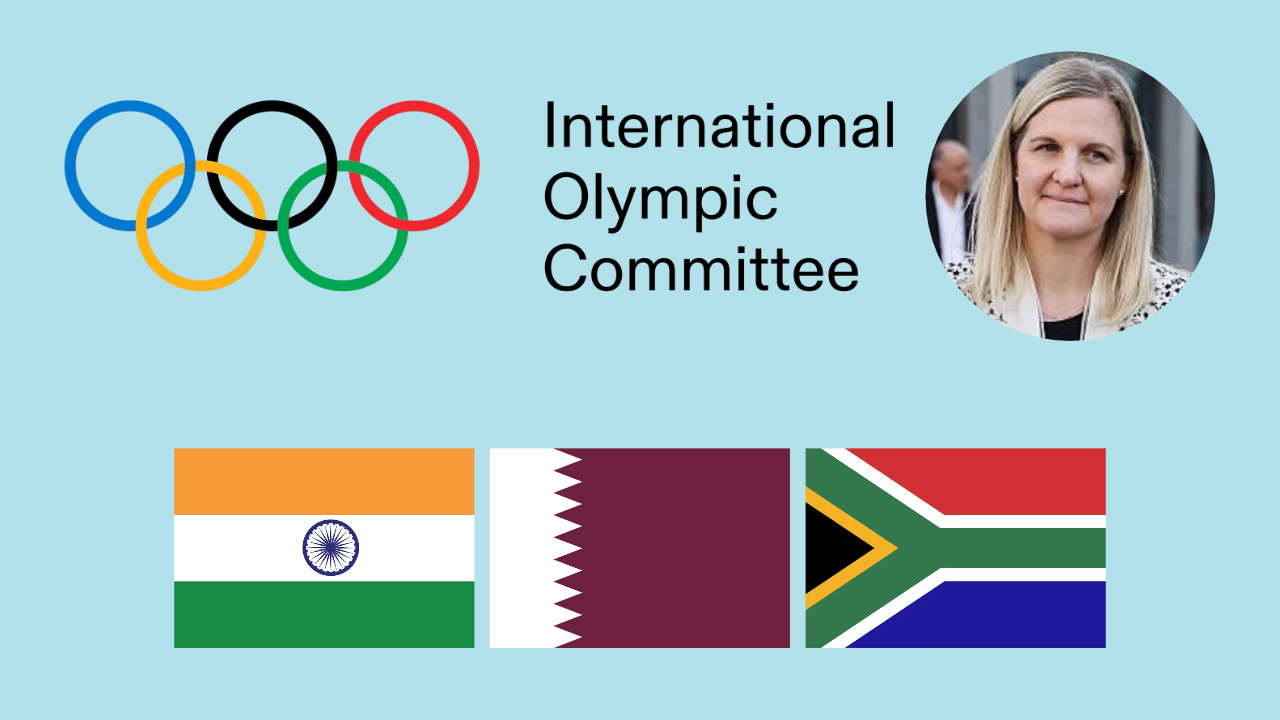 Kirsty Coventry with International Olympic Committee logo and flags of India, Qatar and South Africa