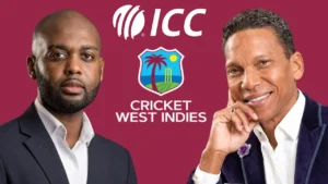 Kishore Shallow and Chris Dehring pictured alongside the International Cricket Council (ICC) and Cricket West Indies (CWI) logos on a maroon background.