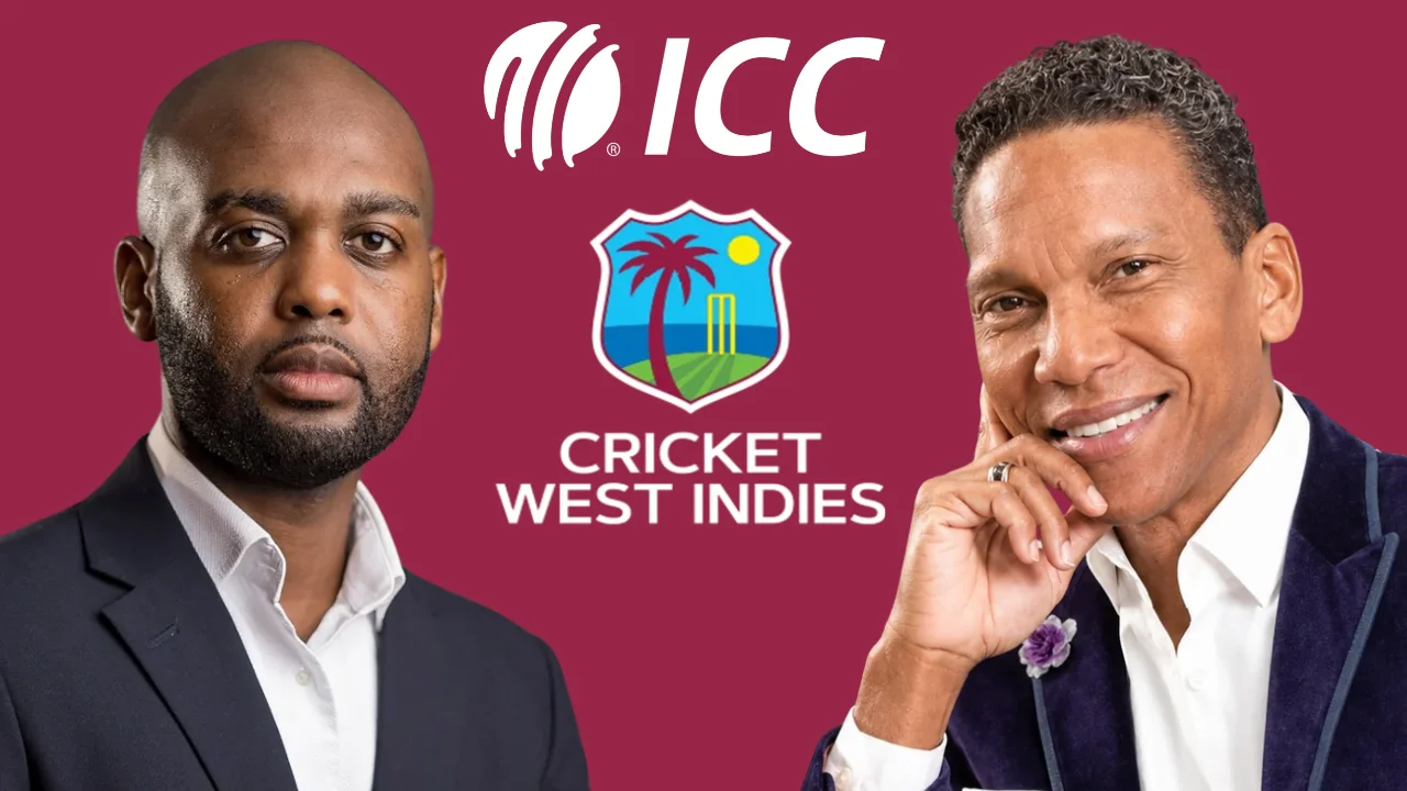 Kishore Shallow and Chris Dehring pictured alongside the International Cricket Council (ICC) and Cricket West Indies (CWI) logos on a maroon background.