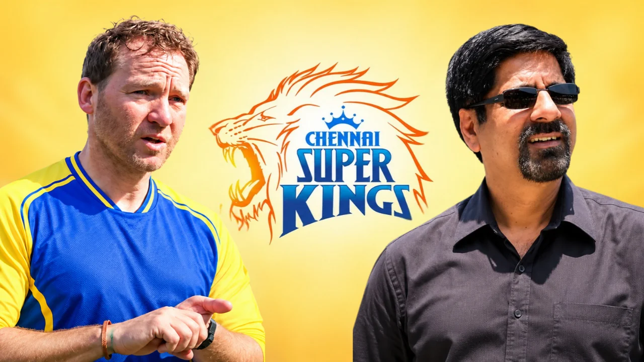 Gareth Batty in a blue and yellow cricket jersey alongside former Indian cricketer Krishnamachari Srikkanth, with the Chennai Super Kings (CSK) logo between them.