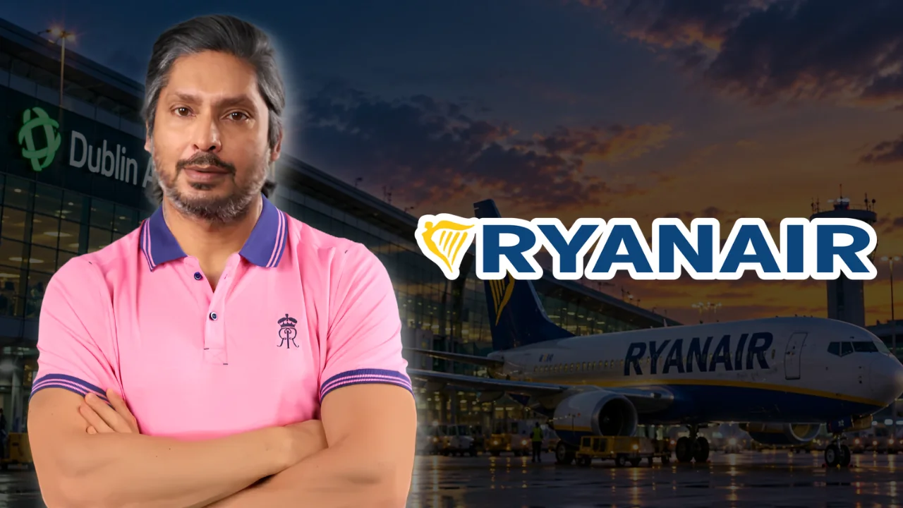 Kumar Sangakkara pictured alongside the Ryanair logo and a Ryanair aircraft at Dublin Airport, Ireland.