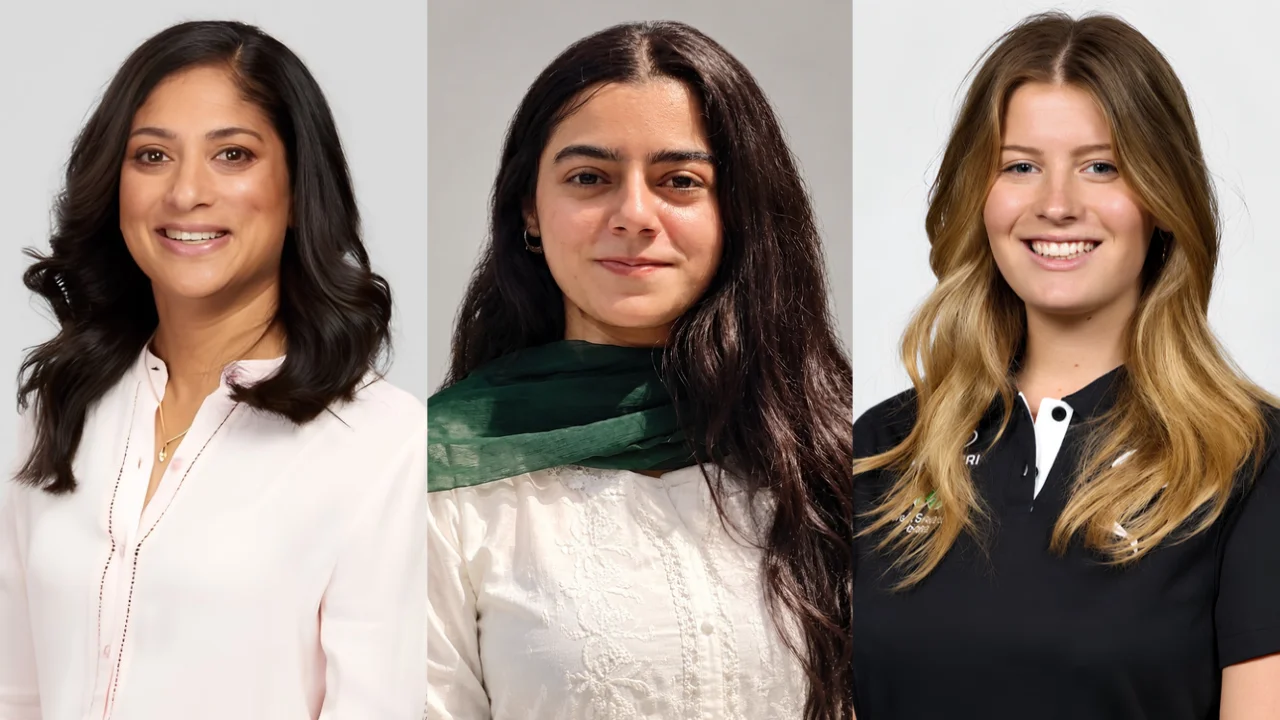 Portrait collage featuring Lisa Sthalekar, Shahzadi Eman and Claire Byron, pictured from left to right.