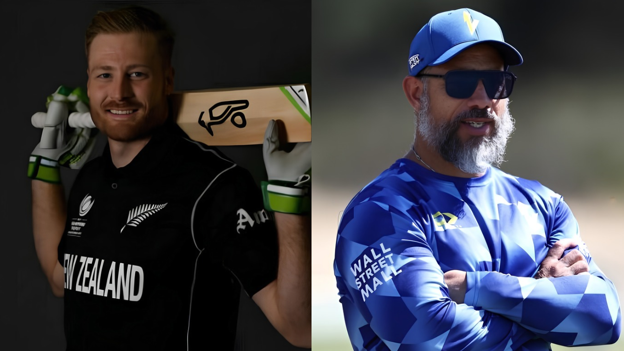 New Zealand cricketer Martin Guptill holding a cricket bat alongside former New Zealand all-rounder Andre Adams in a side-by-side cricket news graphic.