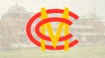 Marylebone Cricket Club (MCC) logo featuring red and yellow lettering over a background of Lord's Cricket Ground in London.