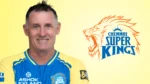 Former Australian cricketer Michael Hussey wearing a Chennai Super Kings (CSK) jersey, pictured alongside the CSK logo ahead of the Indian Premier League (IPL).