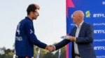 Mitchell Santner receives an award on behalf of Edinburgh Castle Rockers from MCC Head of Cricket Fraser Stewart