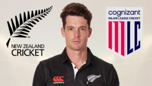 New Zealand cricketer Mitchell Santner wearing the Black Caps jersey, alongside the New Zealand Cricket (NZC) and Major League Cricket (MLC) logos.