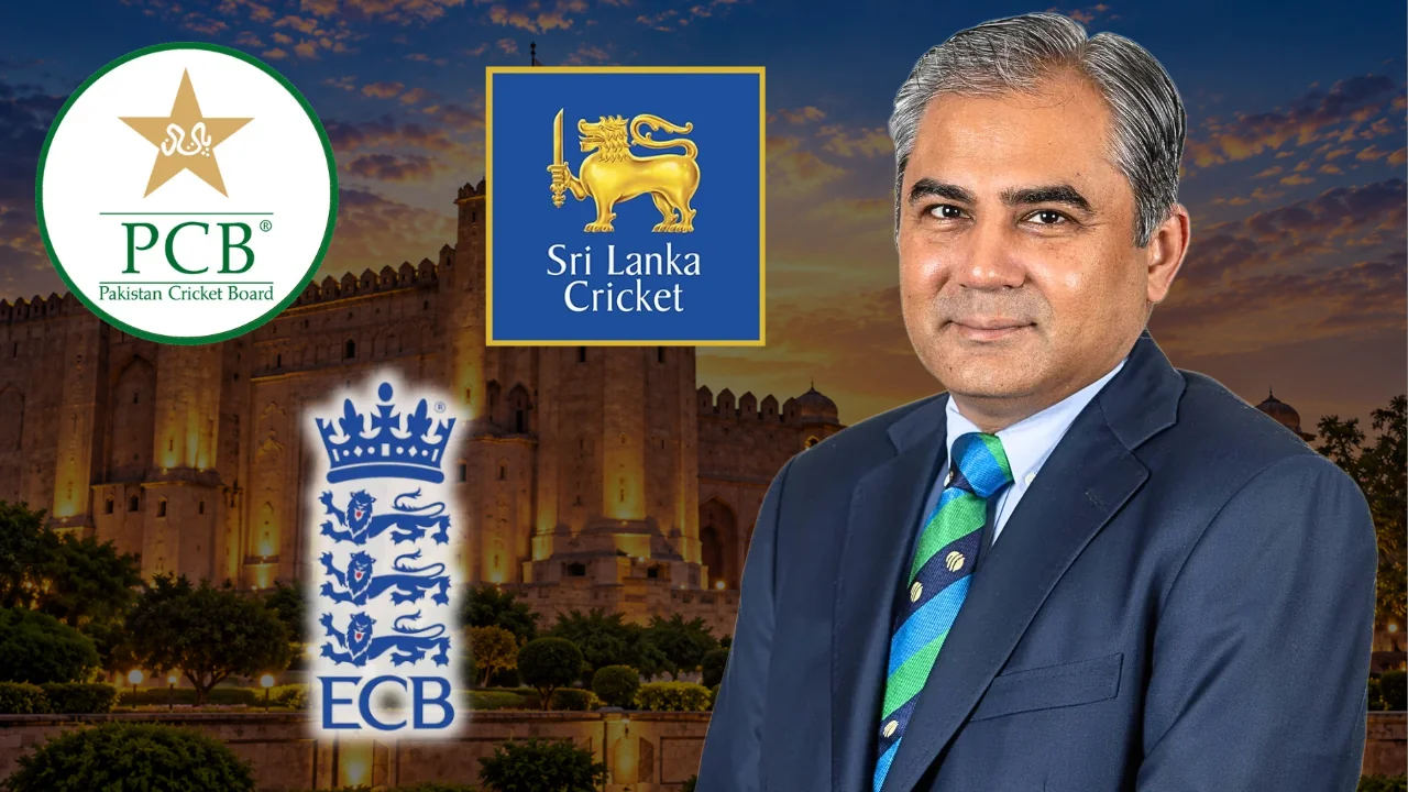 PCB Chairman Mohsin Naqvi pictured alongside the logos of Pakistan Cricket Board (PCB), England and Wales Cricket Board (ECB), and Sri Lanka Cricket (SLC).