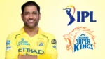 MS Dhoni, former Indian cricket captain, wearing the yellow Chennai Super Kings (CSK) jersey, pictured alongside the Indian Premier League (IPL) and CSK logos.