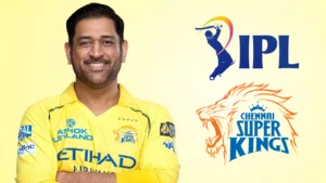 MS Dhoni, former Indian cricket captain, wearing the yellow Chennai Super Kings (CSK) jersey, pictured alongside the Indian Premier League (IPL) and CSK logos.