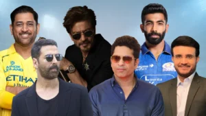 MS Dhoni, Shah Rukh Khan, Akshay Kumar, Sachin Tendulkar, Jasprit Bumrah and Sourav Ganguly featured together in a collage of Indian cricket stars and Bollywood celebrities.