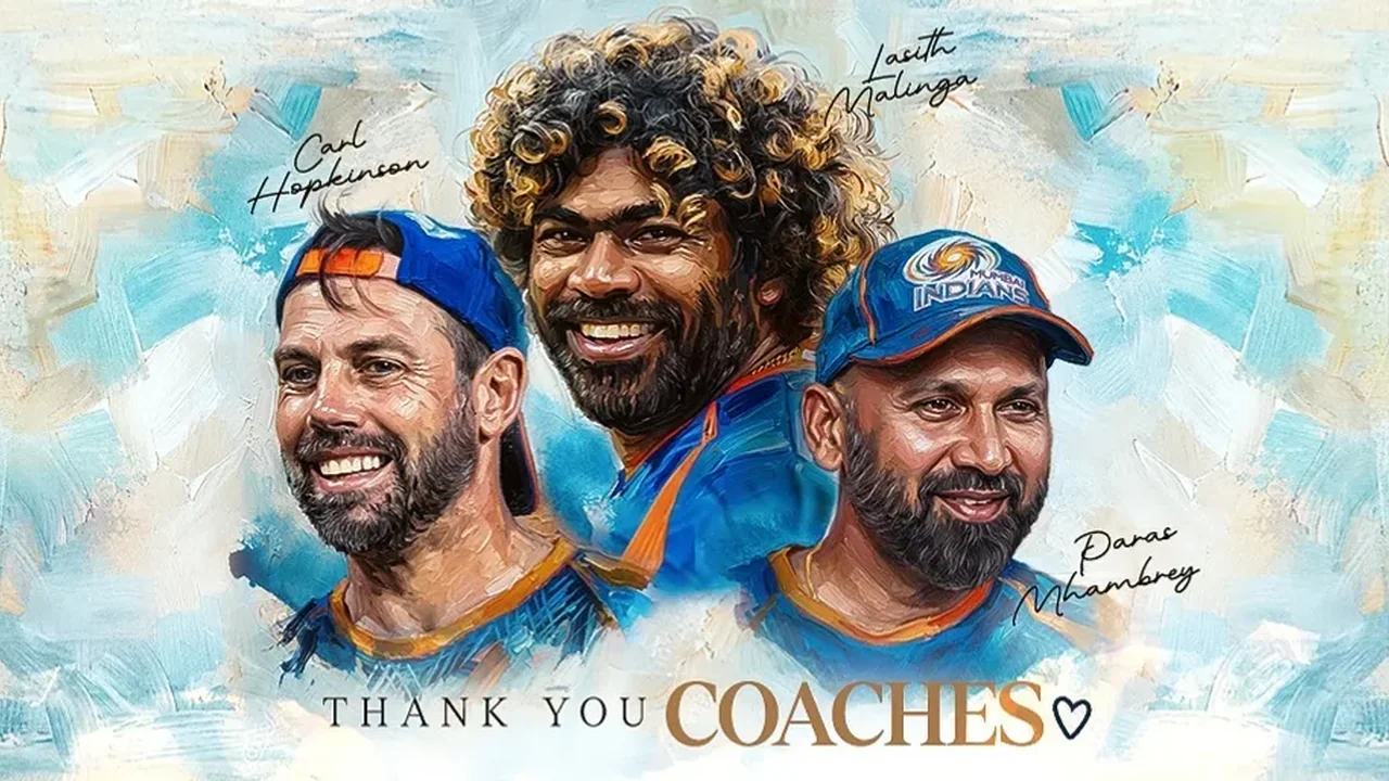 Illustrated tribute featuring Mumbai Indians coaches Lasith Malinga, Paras Mhambrey and Carl Hopkinson with a thank-you message.