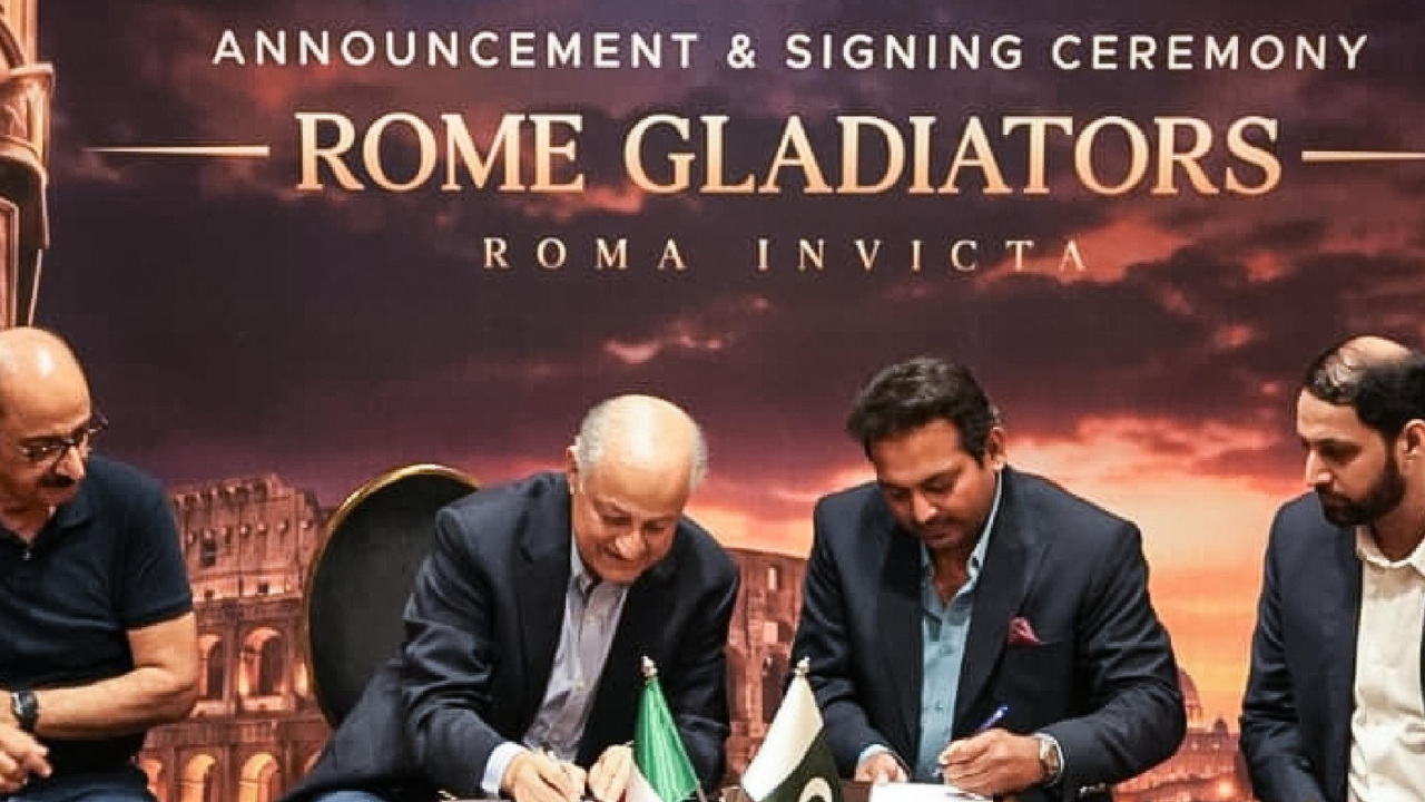 Rome Gladiators owner Nadeem Omar, co-owners Hasan Omar and Babar Omar, and Italia T10 Chairman Aamir Akhtar at the Rome Gladiators announcement and signing ceremony.