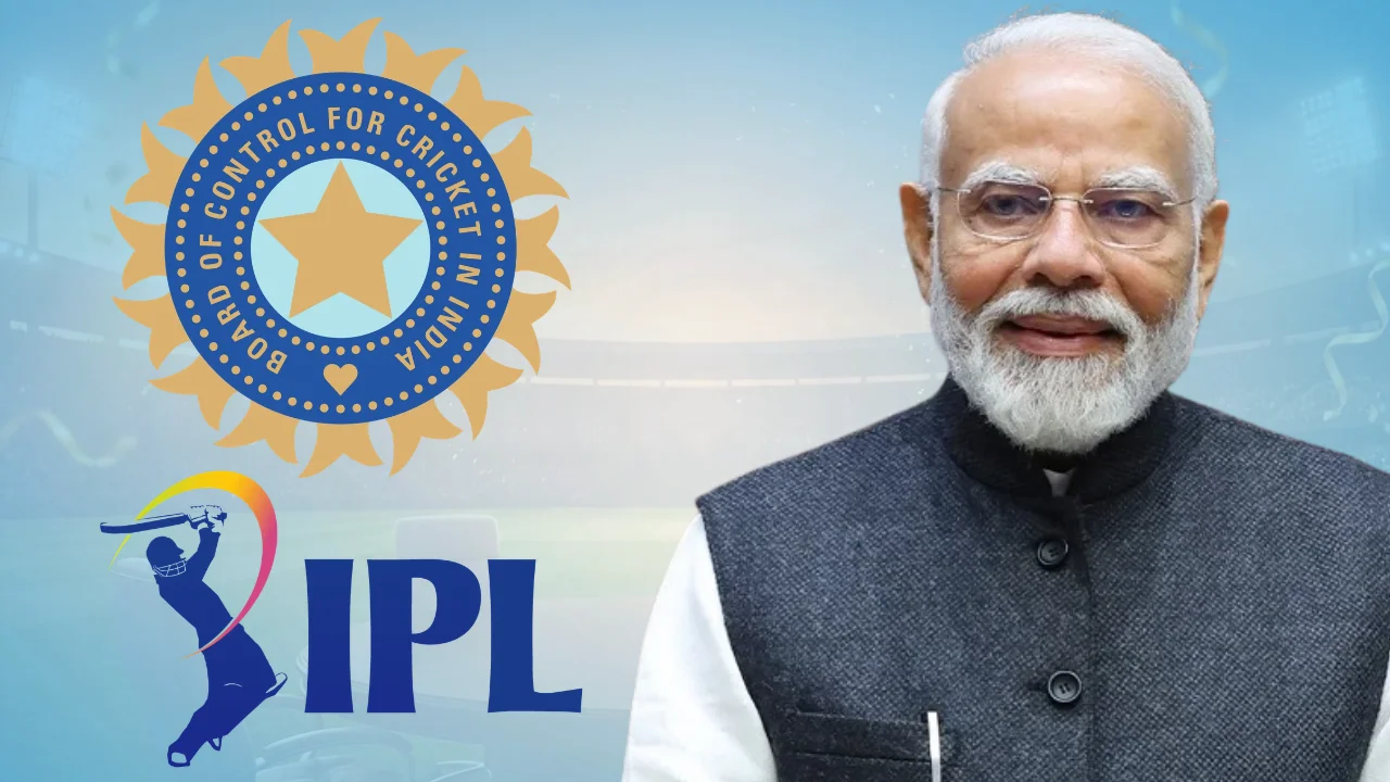 Indian Prime Minister Narendra Modi pictured alongside the BCCI and Indian Premier League (IPL) logos against a cricket stadium background.