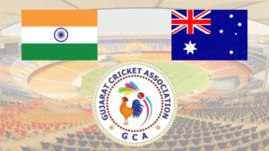 Narendra Modi Stadium in Ahmedabad featuring India and Australia national flags alongside the Gujarat Cricket Association (GCA) logo in a cricket-themed graphic.