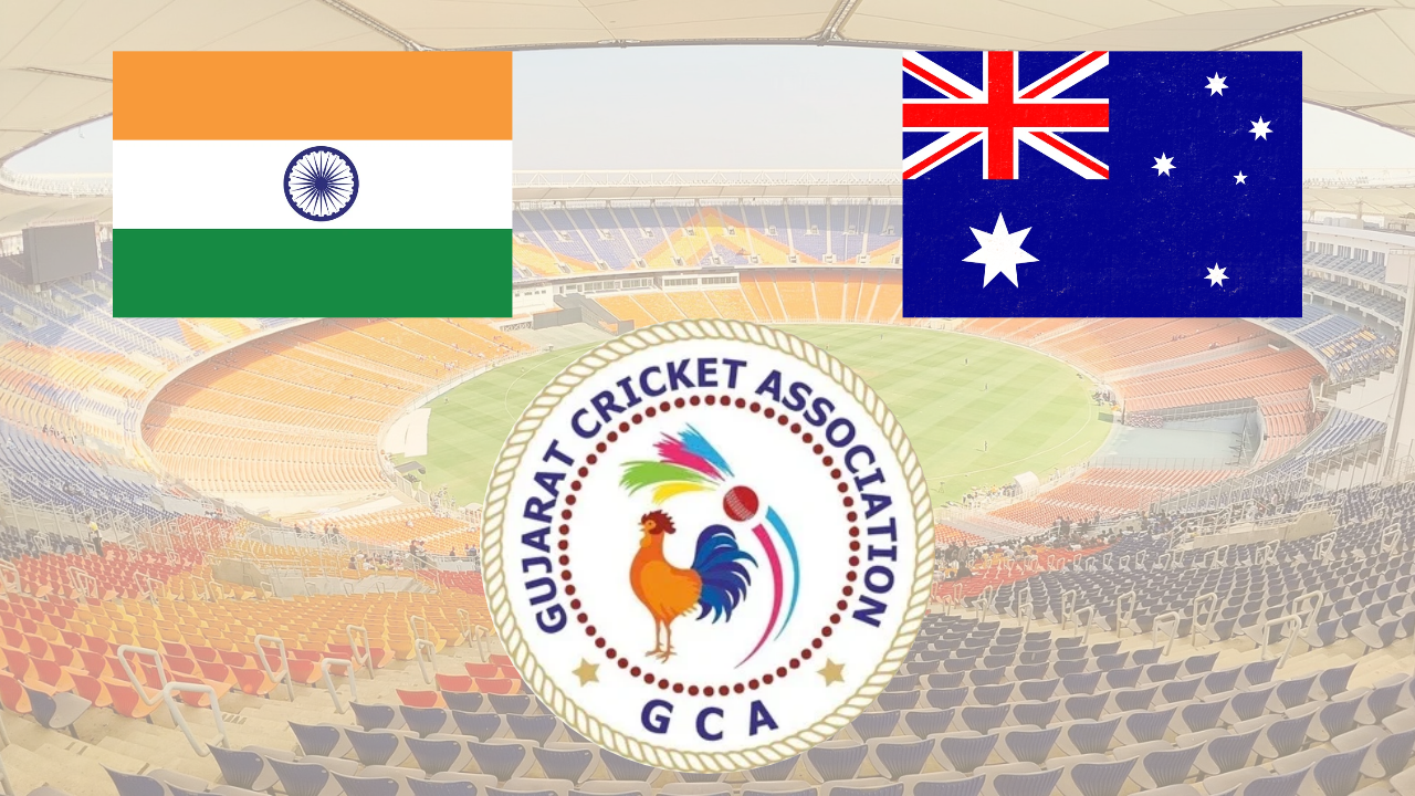 Narendra Modi Stadium in Ahmedabad featuring India and Australia national flags alongside the Gujarat Cricket Association (GCA) logo in a cricket-themed graphic.