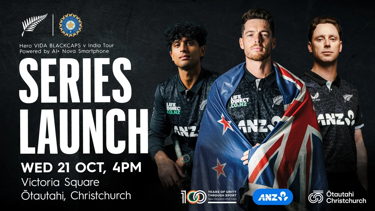 New Zealand BLACKCAPS players feature in a promotional poster for the India Tour 2026 series launch on 21 October at Victoria Square in Christchurch, New Zealand.