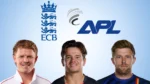 English cricketers Ollie Pope, Will Smeed and David Willey pictured alongside the England and Wales Cricket Board (ECB) and Afghanistan Premier League (APL) logos.