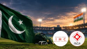Pakistan and India flags displayed at a cricket stadium alongside the Pakistan Veterans Cricket Association (PVCA) and International Masters Cricket (IMC) logos.