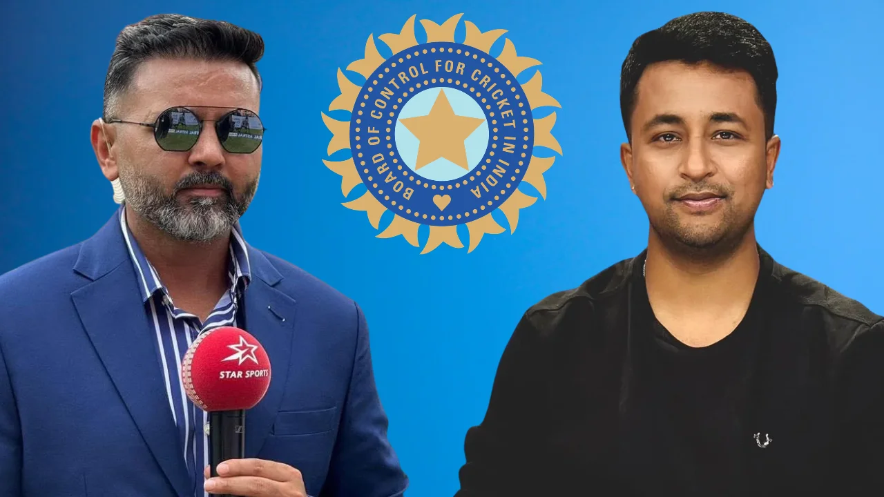 Former Indian cricketers Parthiv Patel and Pragyan Ojha pictured alongside the Board of Control for Cricket in India (BCCI) logo against a blue background.