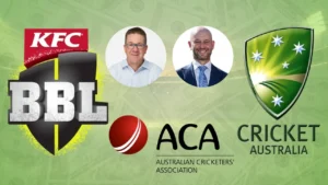 Paul Marsh and Todd Greenberg pictured alongside Big Bash League (BBL), Cricket Australia and Australian Cricketers' Association (ACA) logos against a money-themed background.